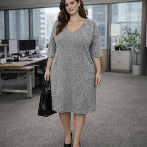 Black White Knit V-Neck Dress XL | Minimalist Cozycore Sweater Dress | Pure Jill